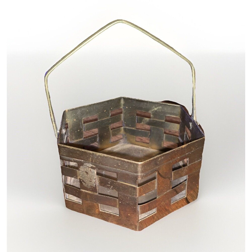 Brass Hexagon Basket Weave Patina Made in India Home Decor Organization